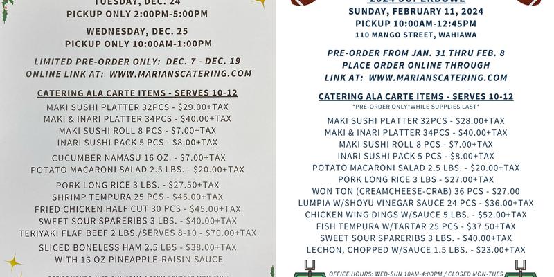 Marians Catering Menu