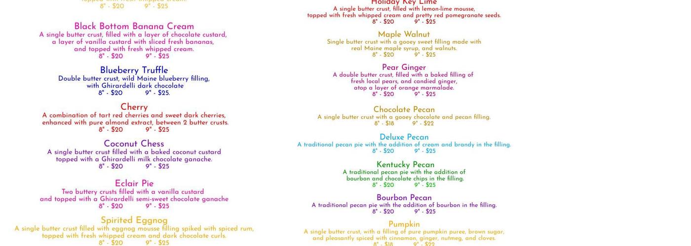 Trish's Pie Bakery Menu