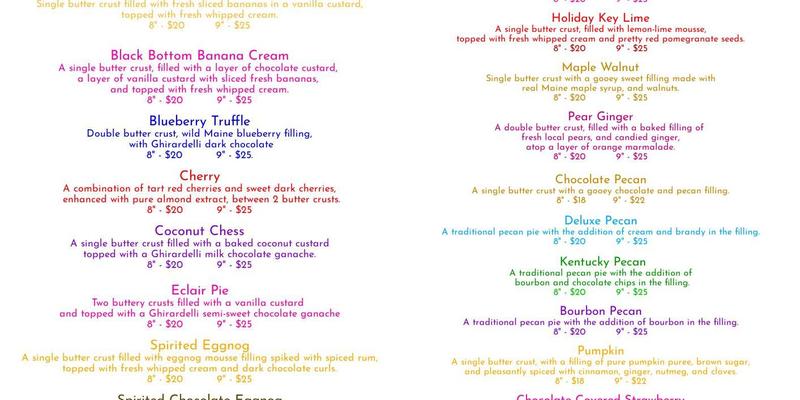 Trish's Pie Bakery Menu