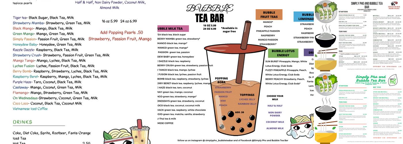 Simply Pho and Bubble Tea Bar Menu