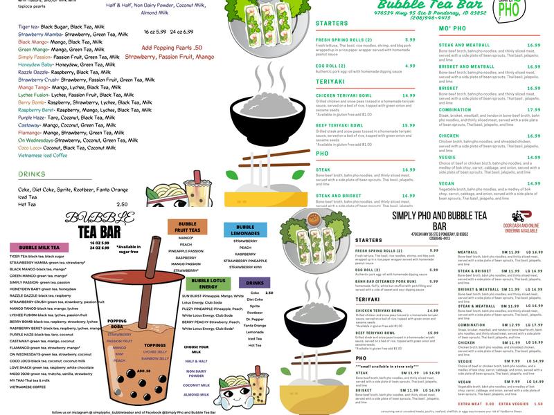 Simply Pho and Bubble Tea Bar Menu