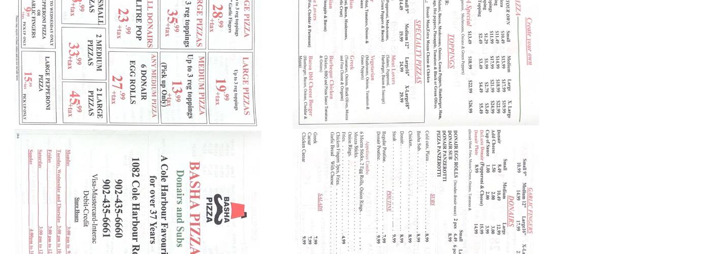 Basha Pizza Menu