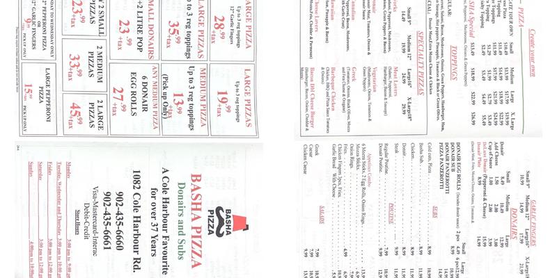 Basha Pizza Menu