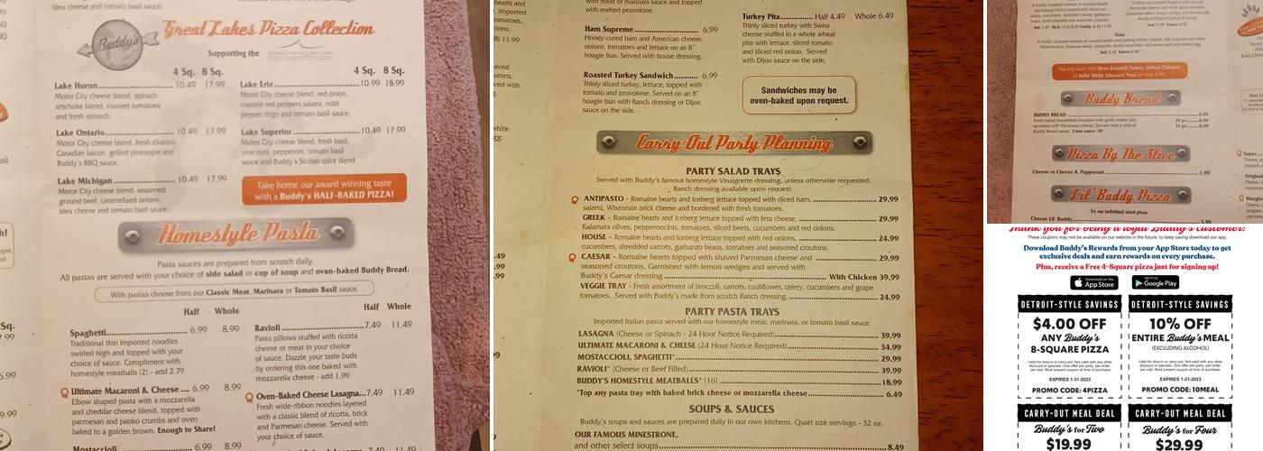 Buddy's Pizza Menu