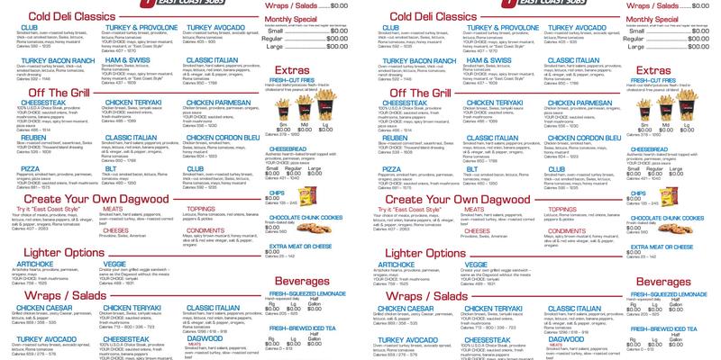 Penn Station East Coast Subs Menu