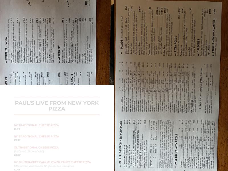 Pauls Live from New York Pizza Fortuna Menu