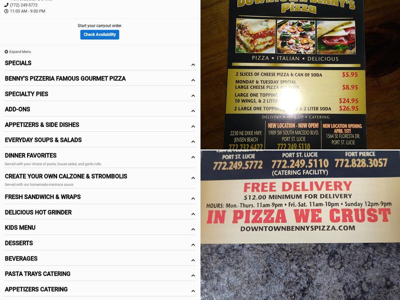 Downtown Benny's Pizza Menu