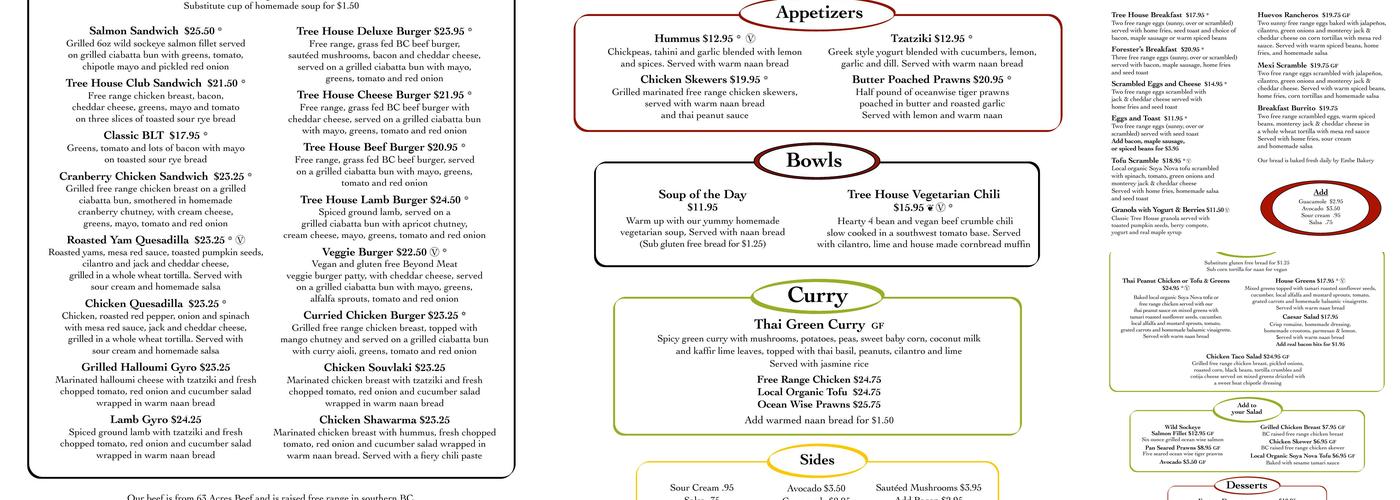 Tree House Cafe Menu