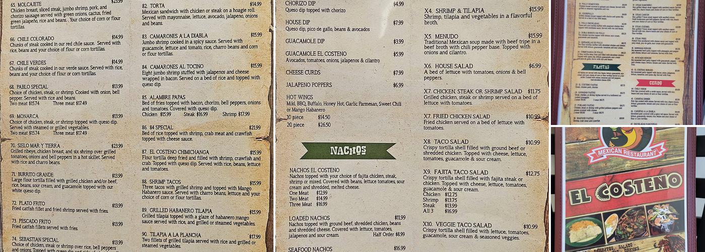 El Costeno Menu