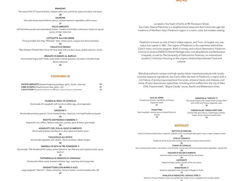San Carlo Osteria Piemonte Menu