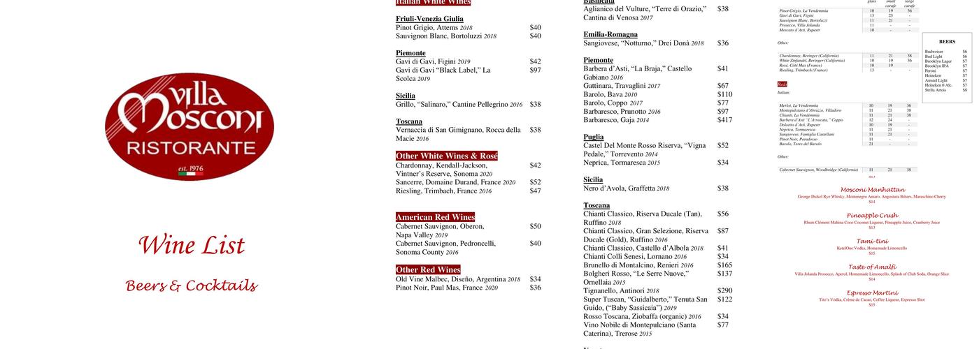 Villa Mosconi Restaurant Menu