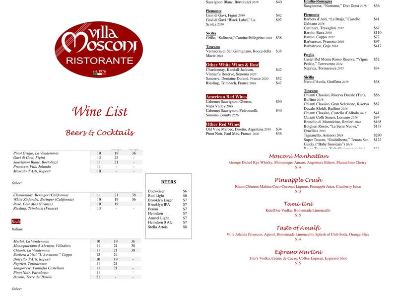Villa Mosconi Restaurant Menu