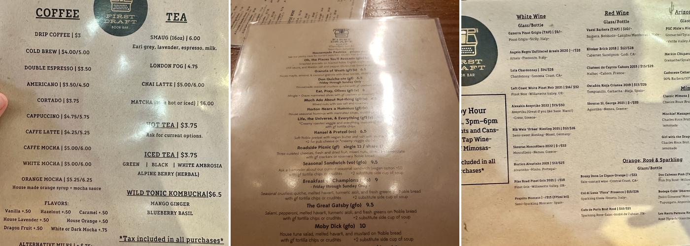 First Draft Book Bar Menu