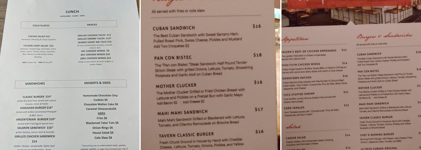 Biscayne Tavern Menu