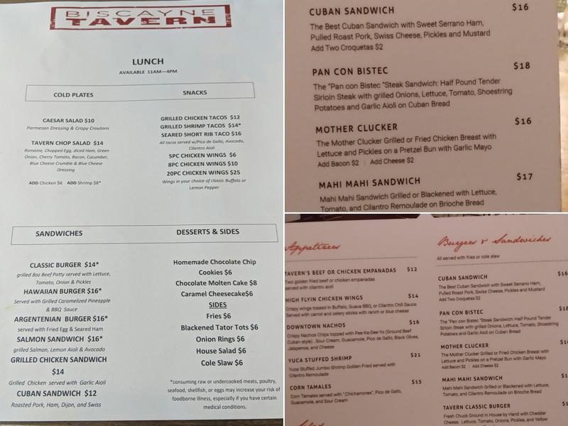 Biscayne Tavern Menu