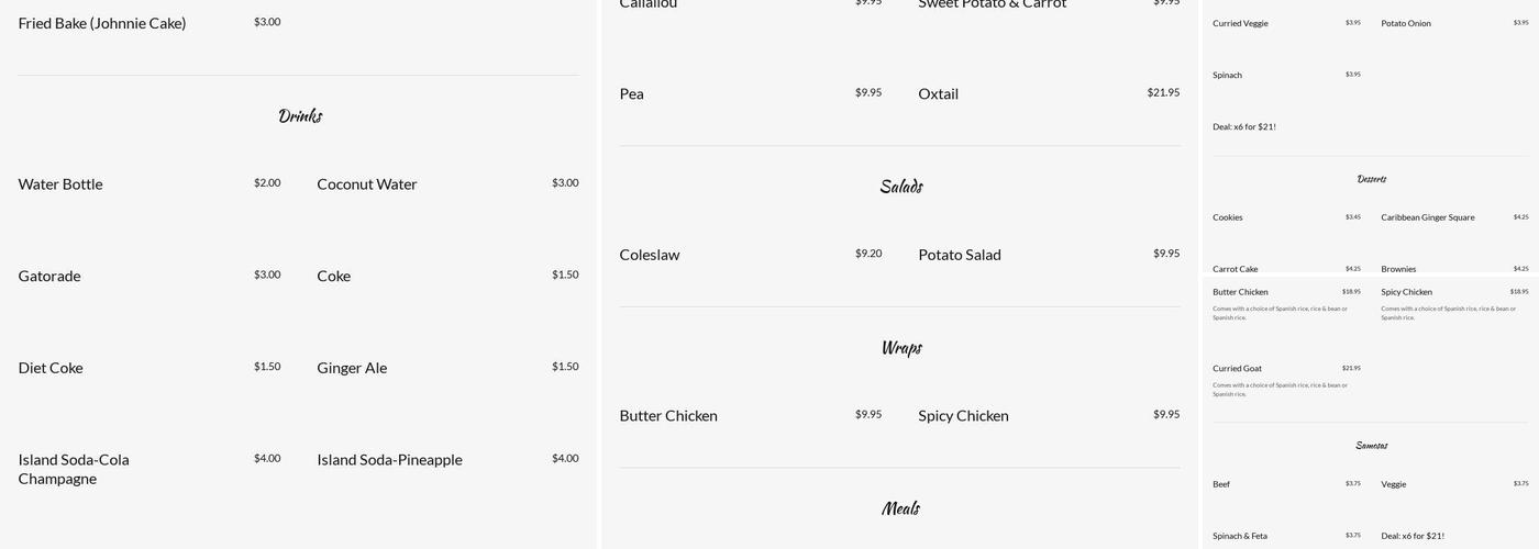 Caribbean Village Cafe Menu