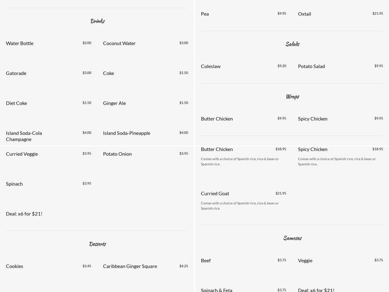 Caribbean Village Cafe Menu