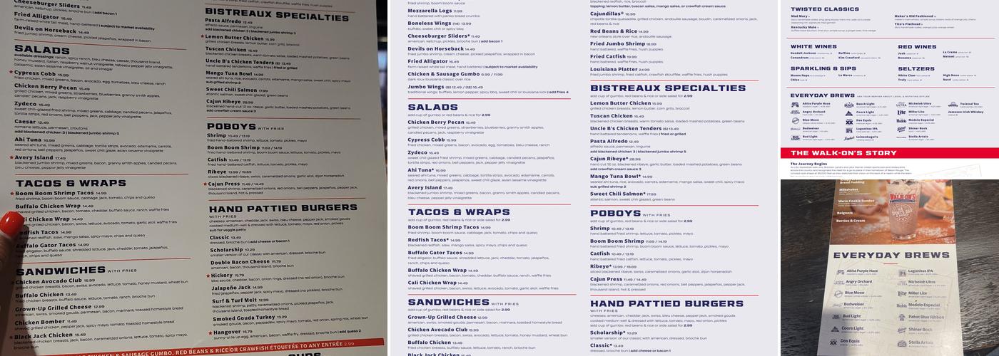 Walk-On's Sports Bistreaux - Clemson Restaurant Menu