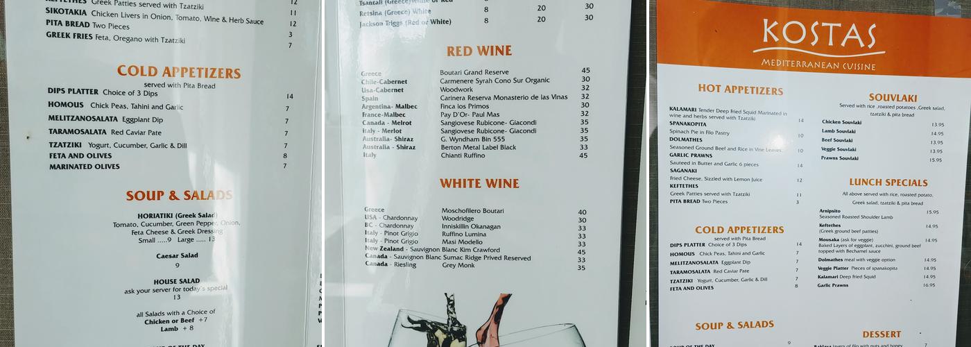 Kostas Mediterranean Menu