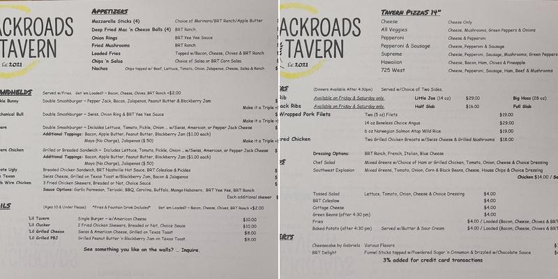 Backroads Tavern Menu