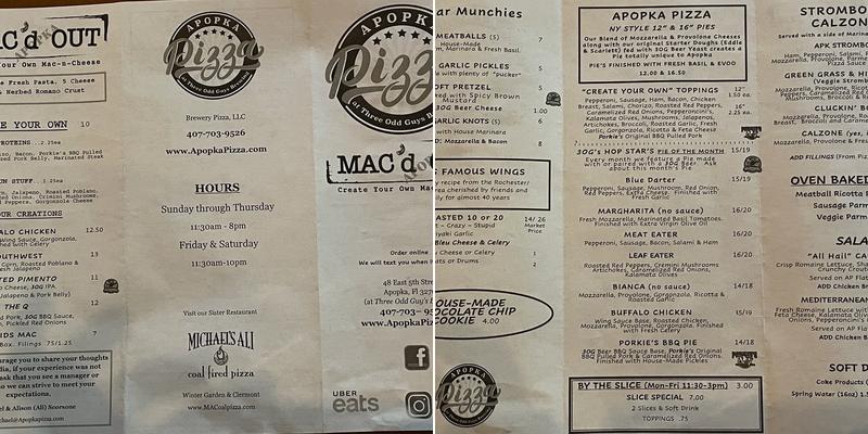 Apopka Pizza Menu