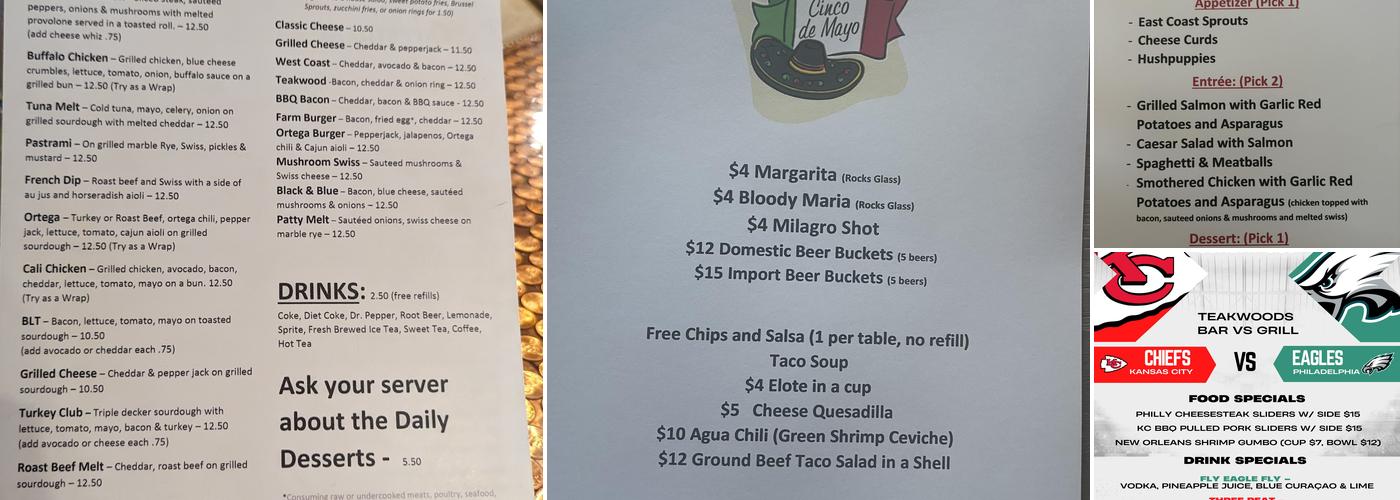Teakwoods Bar vs Grill Menu