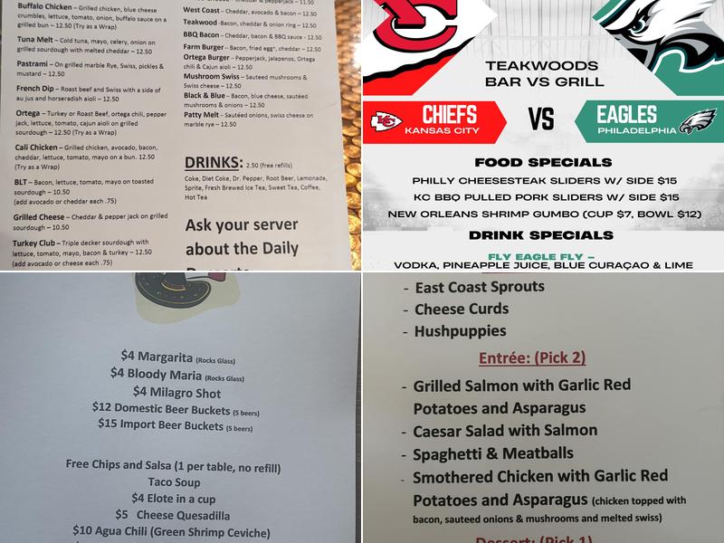 Teakwoods Bar vs Grill Menu