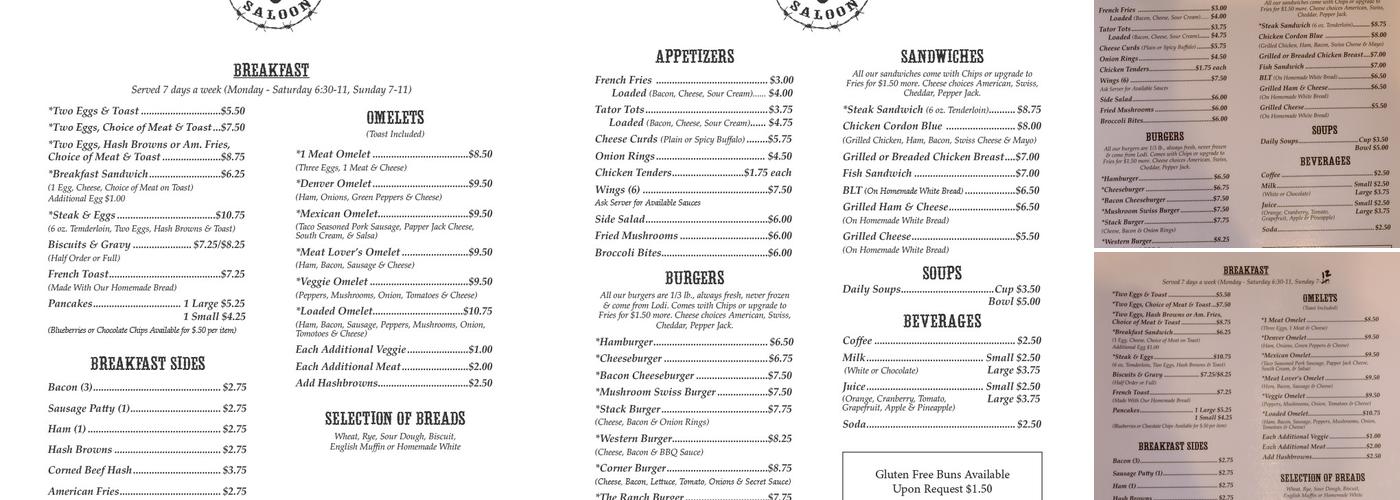 The Ranch Saloon Menu