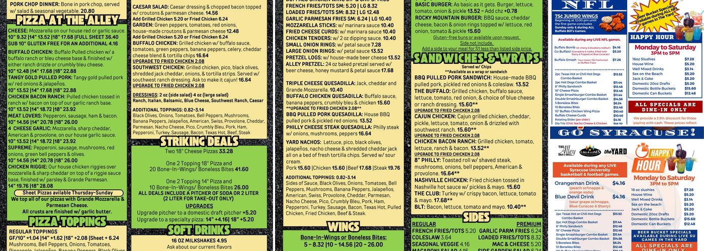 The Yard by The Alley Bar & Grill Menu