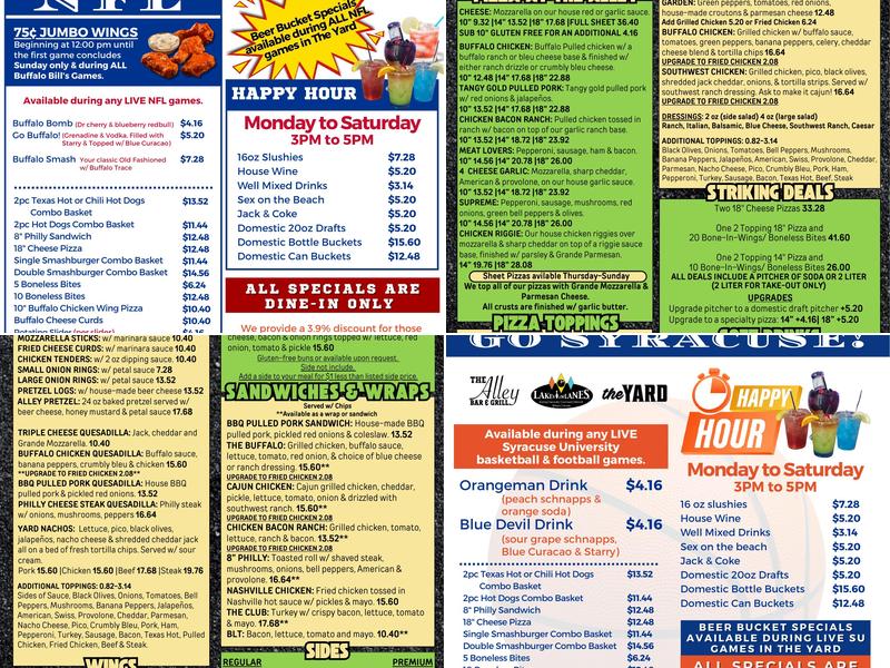 The Yard by The Alley Bar & Grill Menu