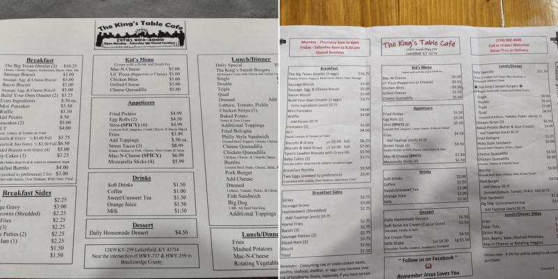The King’s Table Cafe Menu