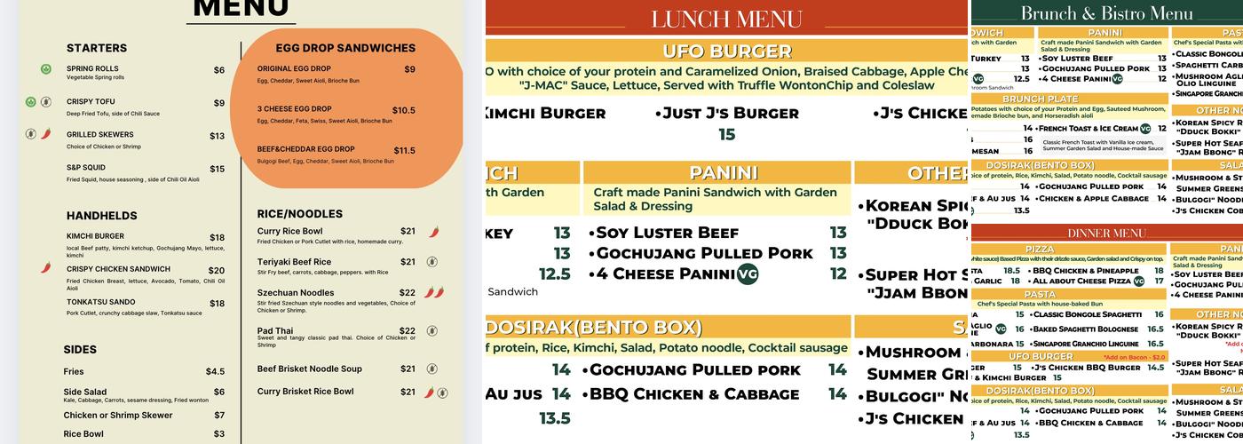 J's Cafe & Bistro Menu
