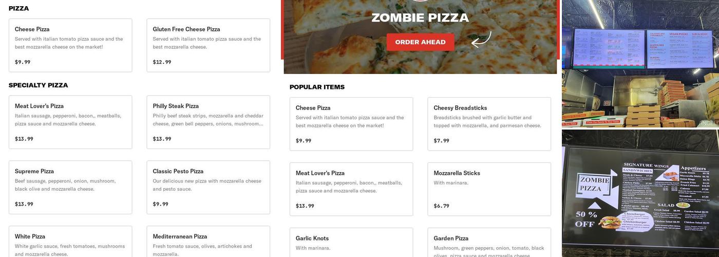 Zombie Pizza Menu