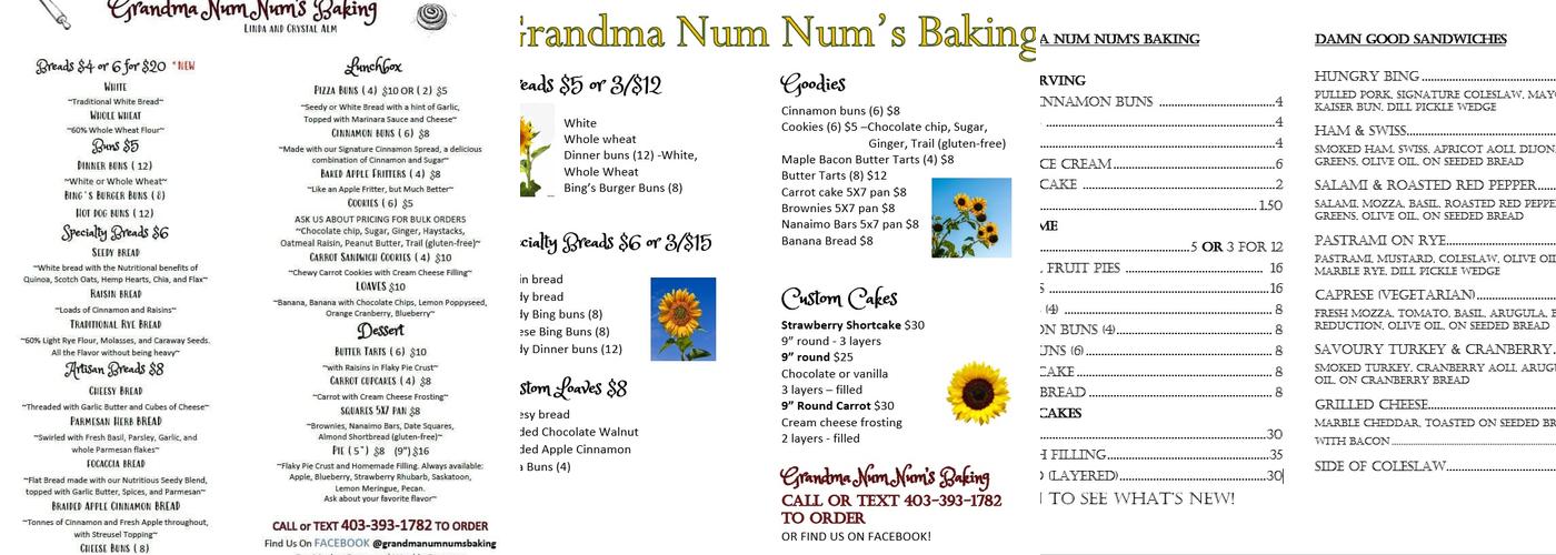 Grandma Num Num's Baking Menu