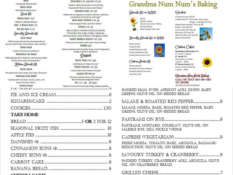 Grandma Num Num's Baking Menu