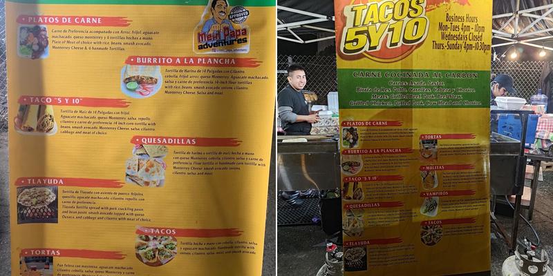 Tacos Cinco y Diez Menu