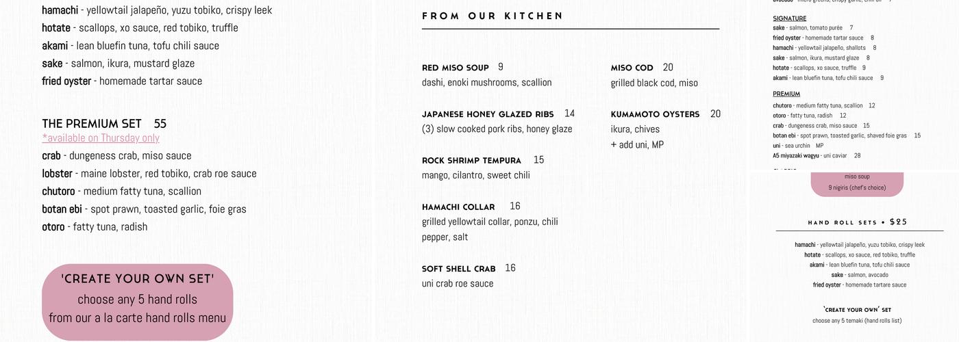 Kaizen: Omakase & Hand Roll Sushi Restaurant Menu