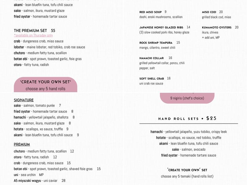 Kaizen: Omakase & Hand Roll Sushi Restaurant Menu