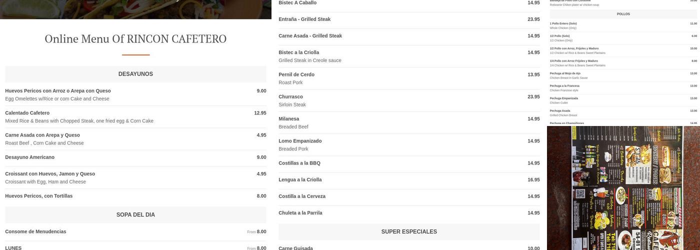 Rincón cafetero Menu