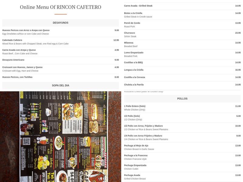 Rincón cafetero Menu