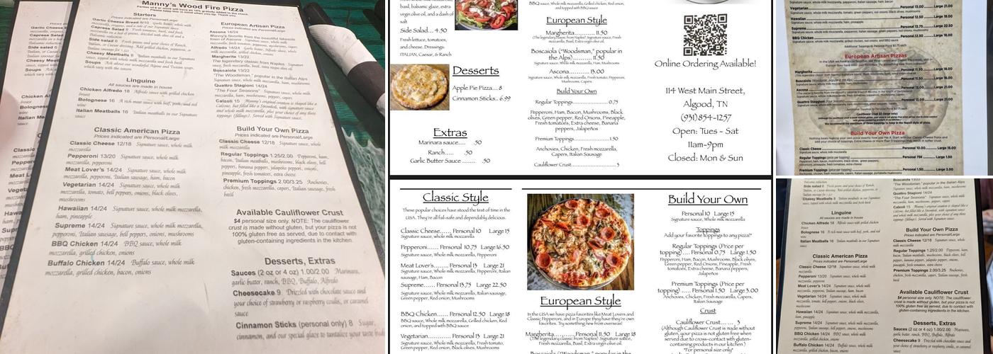 Manny’s Wood Fire Pizza Menu