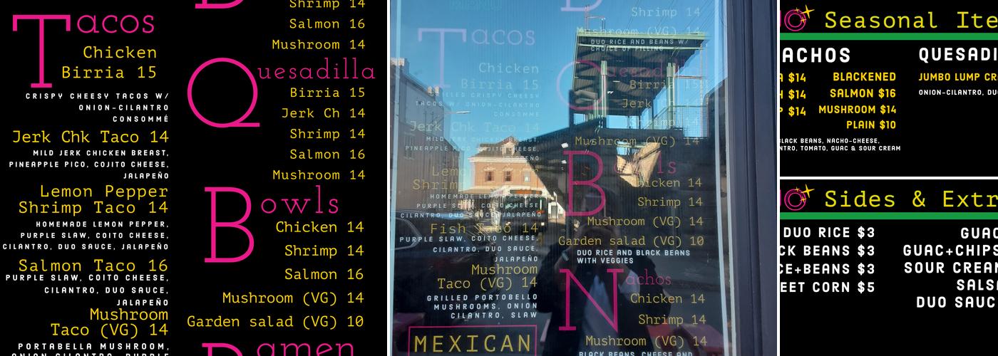 Duo Taco and Bowls Menu