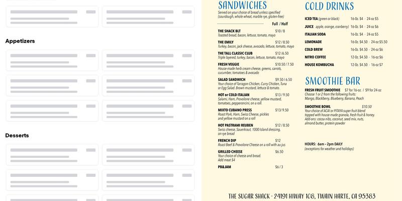 The Sugar Shack Menu