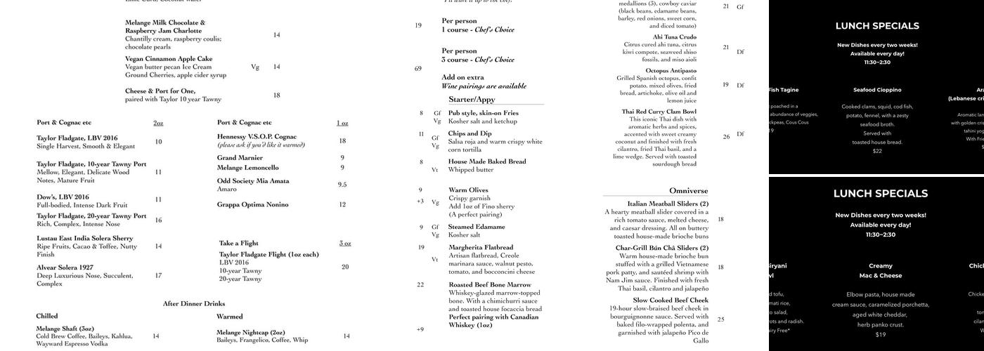 melange restaurant Menu