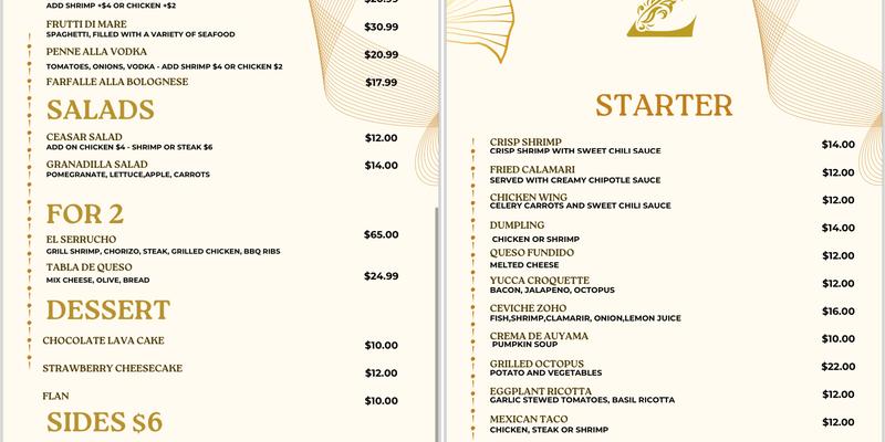 ZOHO RESTAURANT Menu