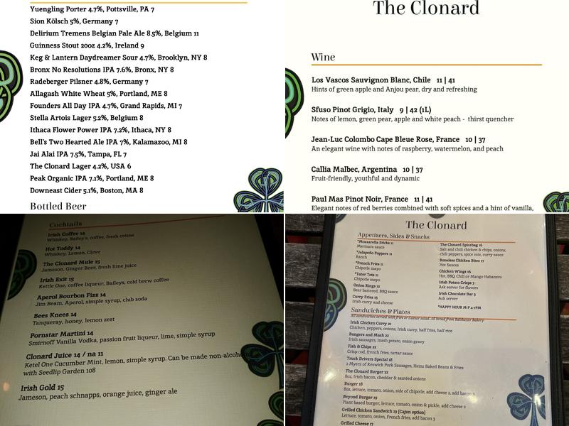 The Clonard Menu