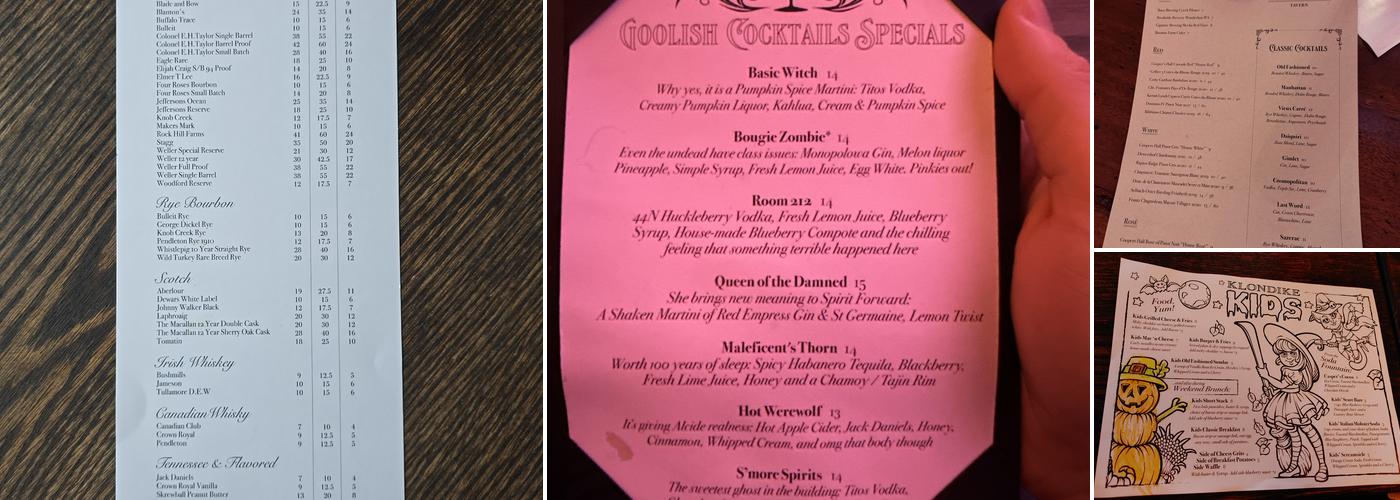 The Klondike Tavern Menu