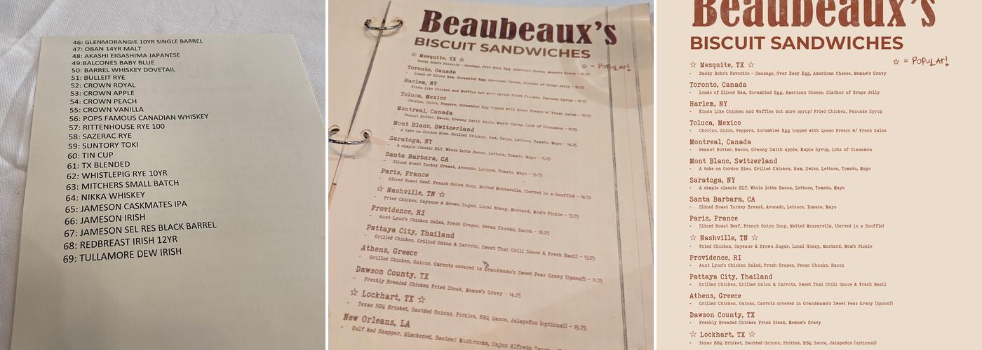 Beaubeaux's Bourbon & Biscuits Menu