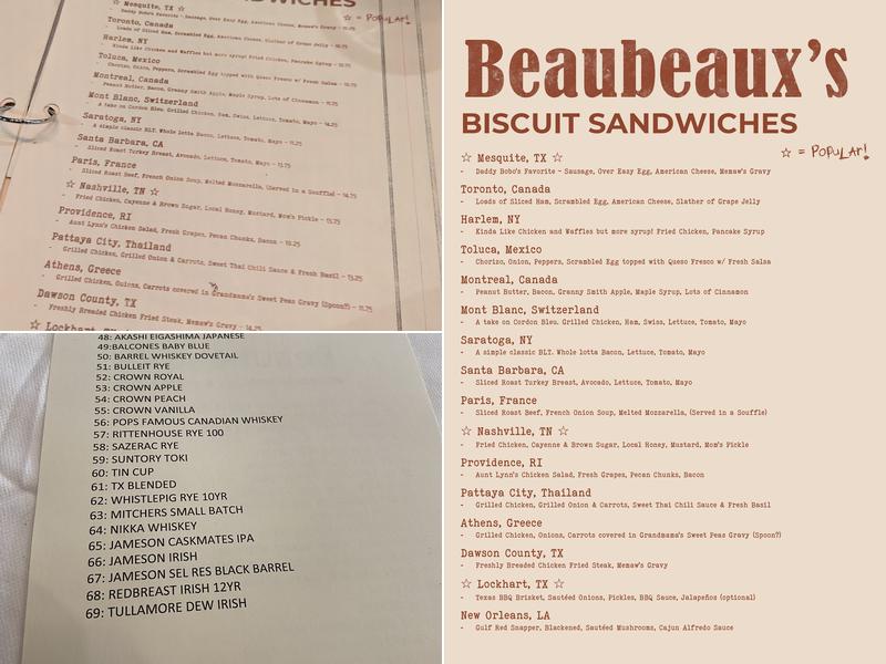 Beaubeaux's Bourbon & Biscuits Menu