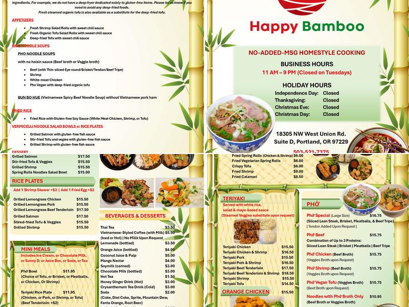 Happy Bamboo Restaurant (Pho & Grill) Menu